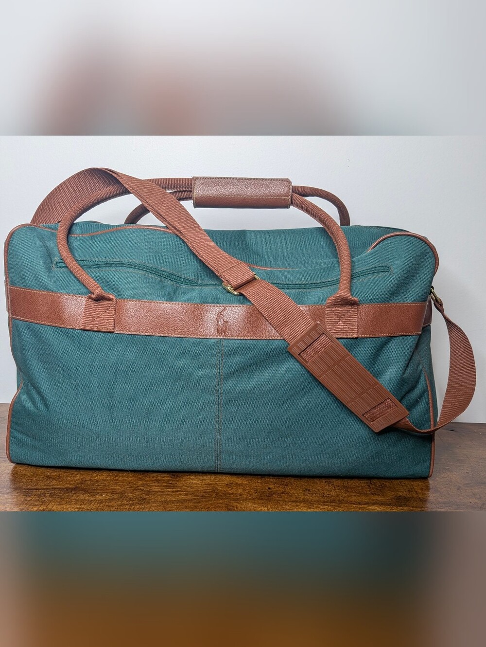 Polo Ralph Lauren Fragrances Duffle Bag Green Canvas Brown Leatherette Piping